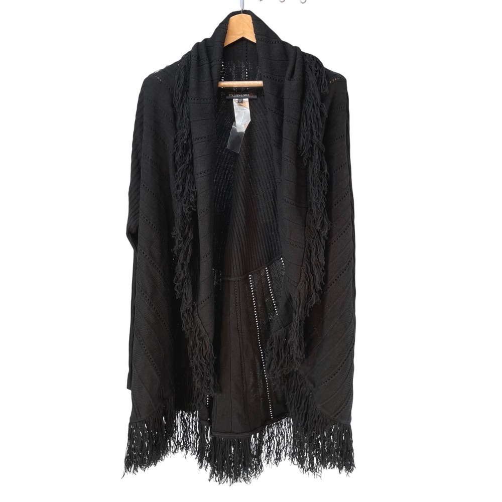 Colleen Lopez Black Fringe Open Front Cardigan Sweater Size 3X Pointelle NEW